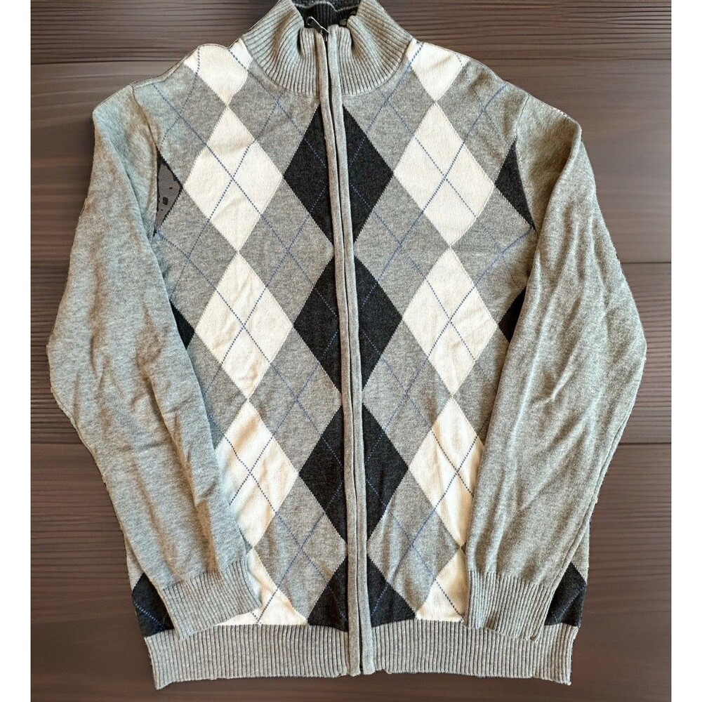 Club Room Gray Argyle Full Zip Mock Neck Sweater Medium Preppy Grandpacore Golf